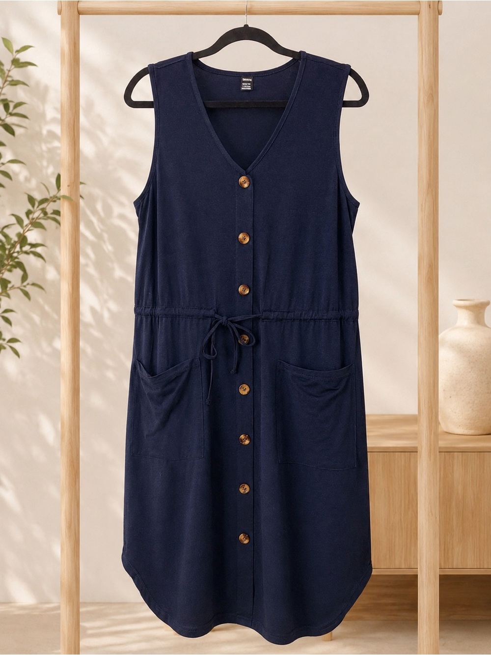 Navy Button-Front Pocket Dress